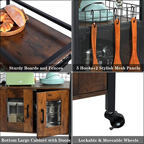 Hencawima Coffee Bar Cabinet, 3 Tier Coffee Station Table on Wheels, Bar Cart with Wire Basket Drawer & 5 Hooks for Home Kitchen, Liquor Buffet Sideboard Cabinet (Rustic Brown)