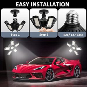 FBIRUNYI 2 Pack LED Garage Lights, 150W 15000LM 6500K Deformable LED Garage Ceiling Light Shop Lights with 5+1 Multi-Position Panels for Garage Workshop Basement Support E26/E27 Screw Socket