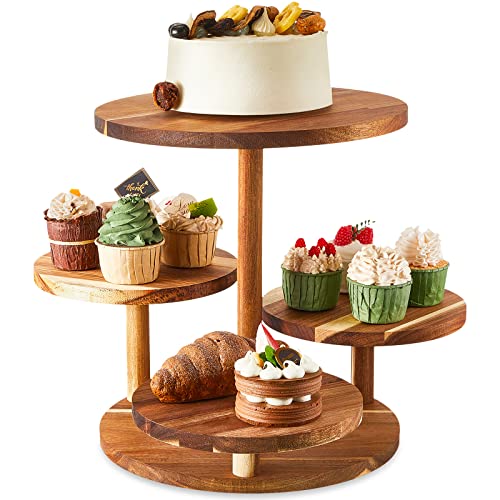 4 Tier Cupcake Tower Stand Rustic Farmhouse Wood Cake Stand Wooden Serving Cupcake Holder Cup Cake Tier Stand for Wedding Tea Party Birthday Graduation Baby Shower Dessert Display (Round)