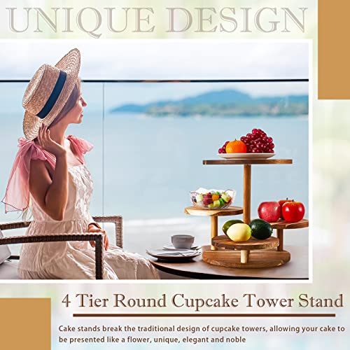 4 Tier Cupcake Tower Stand Rustic Farmhouse Wood Cake Stand Wooden Serving Cupcake Holder Cup Cake Tier Stand for Wedding Tea Party Birthday Graduation Baby Shower Dessert Display (Round)