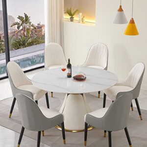 homsof modern sintered stone round dining table set with stainless steel base with 6 pcs chairs, 7 pieces, white+grey