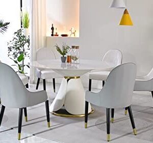 HomSof Modern Sintered Stone Round Dining Table Set with Stainless Steel Base with 6 pcs Chairs, 7 Pieces, White+Grey