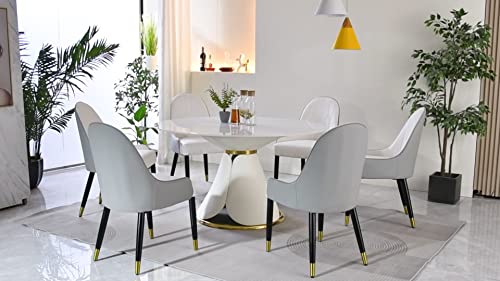 HomSof Modern Sintered Stone Round Dining Table Set with Stainless Steel Base with 6 pcs Chairs, 7 Pieces, White+Grey