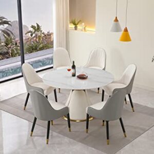 HomSof Modern Sintered Stone Round Dining Table Set with Stainless Steel Base with 6 pcs Chairs, 7 Pieces, White+Grey