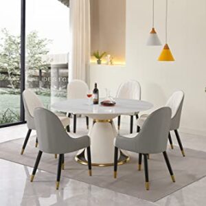 HomSof Modern Sintered Stone Round Dining Table Set with Stainless Steel Base with 6 pcs Chairs, 7 Pieces, White+Grey