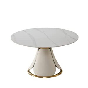 HomSof Modern Sintered Stone Round Dining Table Set with Stainless Steel Base with 6 pcs Chairs, 7 Pieces, White+Grey