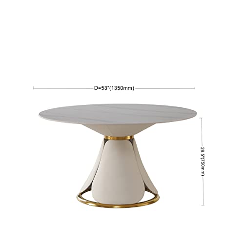 HomSof Modern Sintered Stone Round Dining Table Set with Stainless Steel Base with 6 pcs Chairs, 7 Pieces, White+Grey