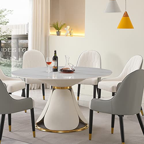 HomSof Modern Sintered Stone Round Dining Table Set with Stainless Steel Base with 6 pcs Chairs, 7 Pieces, White+Grey