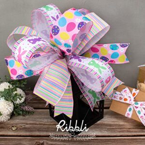 Ribbli Easter Ribbon Wired-Easter Bunny/Eggs/Colorful Stripe/Pink and Purple Check Burlap Ribbon 2-1/2 Inch Total 90 Feets(30 Yards) 6 Rolls Spring Ribbon for Crafts Wreaths Wrapping Outdoor Decor