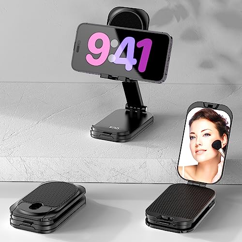 Foldable Cell Phone Stand for Desk , with Makeup Mirror 2 in 1 Phone Holder Adjustable Angle Height Cellphone Cradle Desktop Dock Compatible for iPhone 14 Pro Max 13 Mini 12 XR 11, 4-8'' Smartphone