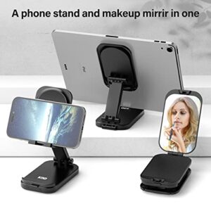 Foldable Cell Phone Stand for Desk , with Makeup Mirror 2 in 1 Phone Holder Adjustable Angle Height Cellphone Cradle Desktop Dock Compatible for iPhone 14 Pro Max 13 Mini 12 XR 11, 4-8'' Smartphone