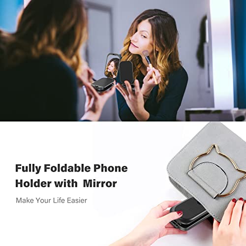 Foldable Cell Phone Stand for Desk , with Makeup Mirror 2 in 1 Phone Holder Adjustable Angle Height Cellphone Cradle Desktop Dock Compatible for iPhone 14 Pro Max 13 Mini 12 XR 11, 4-8'' Smartphone