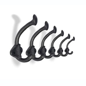 nach classic double prong wall hooks - heavy duty decorative black hooks for mudroom, coat & hat rack, towel racks for bathroom - wall mount cast iron hooks - 6 pack, 1.85x1.75x3.6 in - dy-200682