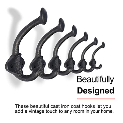 NACH Classic Double Prong Wall Hooks - Heavy Duty Decorative Black Hooks for Mudroom, Coat & Hat Rack, Towel Racks for Bathroom - Wall Mount Cast Iron Hooks - 6 Pack, 1.85x1.75x3.6 in - DY-200682
