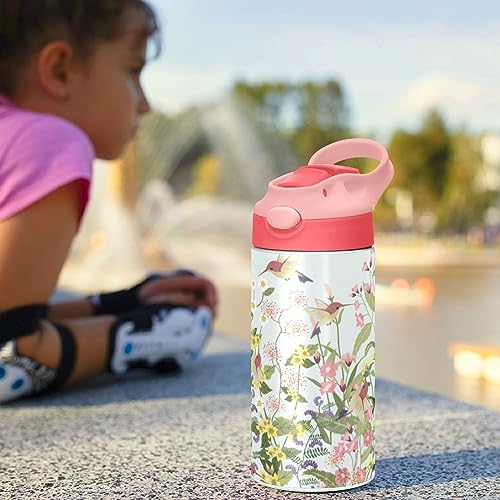 Kigai Hummingbirds Kids Water Bottle, Insulated Stainless Steel Water Bottles with Straw Lid, 12 oz BPA-Free Leakproof Duck Mouth Thermos for Boys Girls