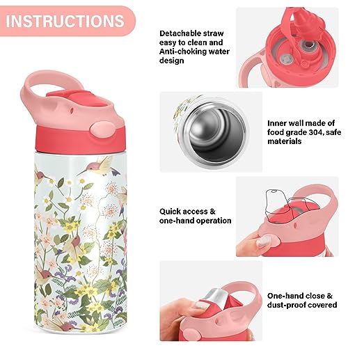 Kigai Hummingbirds Kids Water Bottle, Insulated Stainless Steel Water Bottles with Straw Lid, 12 oz BPA-Free Leakproof Duck Mouth Thermos for Boys Girls