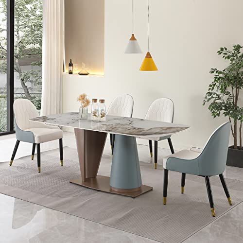 HomSof Pandora Color Sintered Stone Dining Table Set with 6 pcs Chairs, 7 Pieces, Green+White,7 Pieces