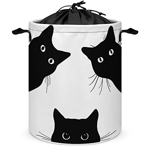 Laundry Hamper Curious Black Cat Fabric Storage Basket Round Collapsible Lovely Cats Laundry Baskets with Drawstring Closure for Bedroom Living Room Bathroom