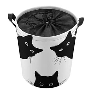 Laundry Hamper Curious Black Cat Fabric Storage Basket Round Collapsible Lovely Cats Laundry Baskets with Drawstring Closure for Bedroom Living Room Bathroom