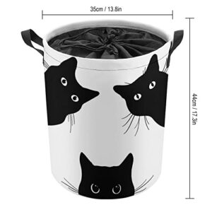 Laundry Hamper Curious Black Cat Fabric Storage Basket Round Collapsible Lovely Cats Laundry Baskets with Drawstring Closure for Bedroom Living Room Bathroom