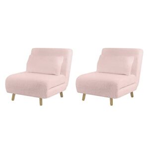 gia tri-fold convertible sherpa sofa bed chair with removable pillow and legs, set of 2, pink