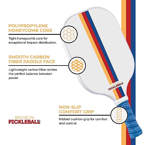 Brooklyn Pickleball Co. White Pickle Ball Paddle | Carbon Fiber | Honeycomb Core | Ribbed Non-Slip Cushion Grip | Single Racket | Pickle-Ball Paddles