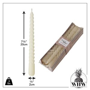 12 Piece Creamy White Twist Taper Candles, 2 Boxed Sets of 6, 4 Hours Burn Time, Paraffin Wax, 7.75 Inches