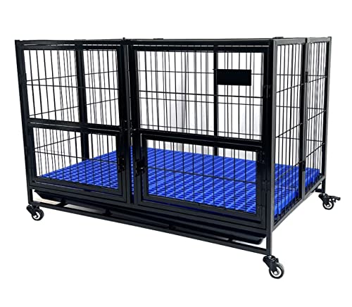 Heavy Duty Dog Crate Dog Cage Pet Kennel with Tray Two Divider Panels Self Locking Latches Stackable Double Door Top Door Indestructible Sturdy Plastic Floor Grid Dog Crates for Medium and Large Dogs