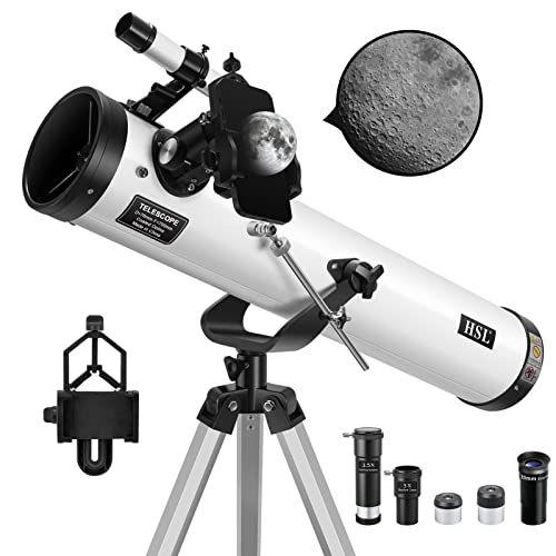 HSL Newtonian Telescope for Beginners,76mm Aperture 700mm Focal Length-Reflector Reflector Telescopes for Adults Kids Astronomy,Come with 3 Eyepieces,5X Barlow Lens,Moon Filter and Smartphone Adapter