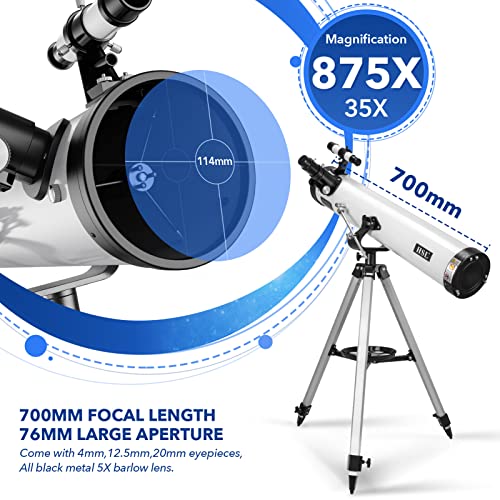 HSL Newtonian Telescope for Beginners,76mm Aperture 700mm Focal Length-Reflector Reflector Telescopes for Adults Kids Astronomy,Come with 3 Eyepieces,5X Barlow Lens,Moon Filter and Smartphone Adapter