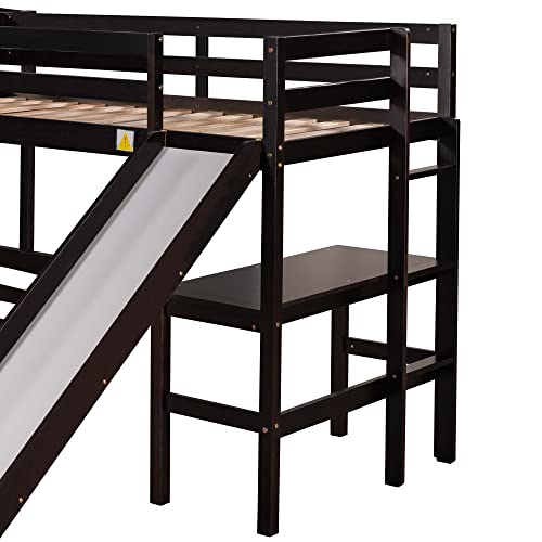 Woanke Twin Over Full Bunk Bed with Twin Size Loft Bed, L-Shaped Wooden Twin Size Loft Bed Frame with Desk, Slide & Full-Length Guardrail for Kids Teens Adults Bedroom, No Box Spring Needed, Espresso