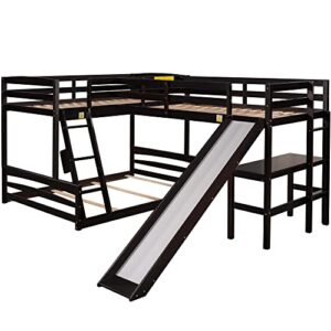 Woanke Twin Over Full Bunk Bed with Twin Size Loft Bed, L-Shaped Wooden Twin Size Loft Bed Frame with Desk, Slide & Full-Length Guardrail for Kids Teens Adults Bedroom, No Box Spring Needed, Espresso