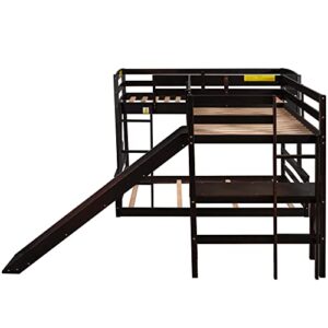 Woanke Twin Over Full Bunk Bed with Twin Size Loft Bed, L-Shaped Wooden Twin Size Loft Bed Frame with Desk, Slide & Full-Length Guardrail for Kids Teens Adults Bedroom, No Box Spring Needed, Espresso