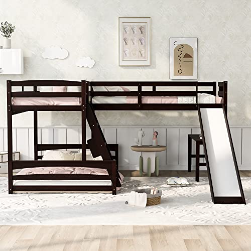 Woanke Twin Over Full Bunk Bed with Twin Size Loft Bed, L-Shaped Wooden Twin Size Loft Bed Frame with Desk, Slide & Full-Length Guardrail for Kids Teens Adults Bedroom, No Box Spring Needed, Espresso