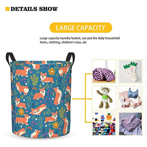 KiuLoam Cute Corgi Breed Dogs With Flowers 19.6 Inches Large Storage Basket Collapsible Organizer Bin Laundry Hamper for Nursery Clothes Toys