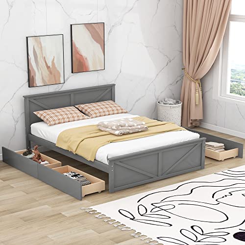 Harper & Bright Designs Queen Storage Bed, Queen Size Platform Bed with 4 Drawers and Support Legs, Solid Wood Queen Bed Frame with Headboard for Kids Teens Adults (Gray)