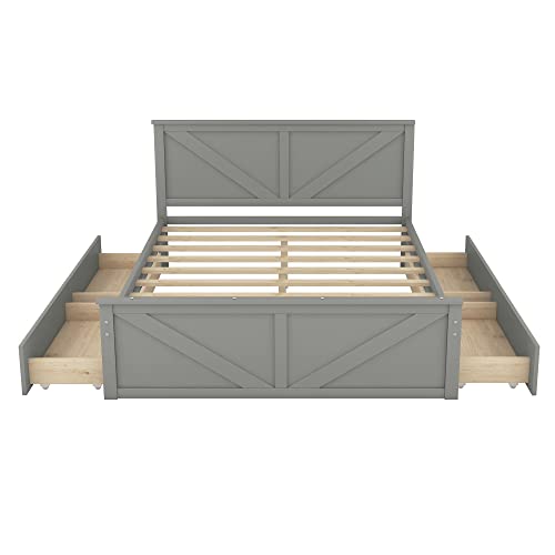 Harper & Bright Designs Queen Storage Bed, Queen Size Platform Bed with 4 Drawers and Support Legs, Solid Wood Queen Bed Frame with Headboard for Kids Teens Adults (Gray)