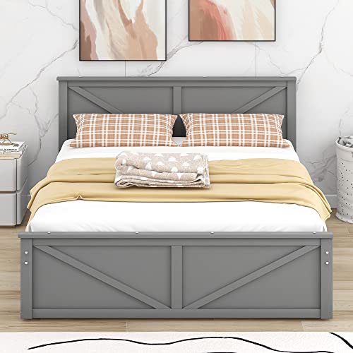 Harper & Bright Designs Queen Storage Bed, Queen Size Platform Bed with 4 Drawers and Support Legs, Solid Wood Queen Bed Frame with Headboard for Kids Teens Adults (Gray)