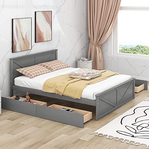 Harper & Bright Designs Queen Storage Bed, Queen Size Platform Bed with 4 Drawers and Support Legs, Solid Wood Queen Bed Frame with Headboard for Kids Teens Adults (Gray)
