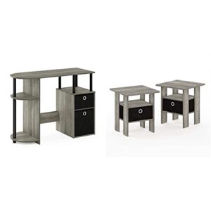 furinno jaya simplistic computer study desk, 15.6" d x 38.4" w x 28.5" h, french oak grey/black & andrey set of 2 end table/side table/night stand/bedside table with bin drawer, french oak grey