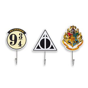 harry potter icons die-cut coat hanger wall hooks, set of 3 | ready to mount decor, storage rack organizer for hanging jackets, hats, purses