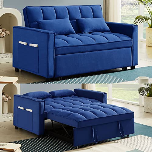 HABITRIO Loveseat with Pull-Out Sleeper Bed, Solid Wood Frame Blue Velvet Upholstered 55" 2-Seater Sofa Couch w/3-Position Reclining Backrest, 2 Side Pockets, 2 Pillows, Furniture for Living Room