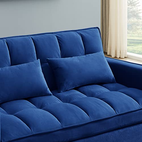 HABITRIO Loveseat with Pull-Out Sleeper Bed, Solid Wood Frame Blue Velvet Upholstered 55" 2-Seater Sofa Couch w/3-Position Reclining Backrest, 2 Side Pockets, 2 Pillows, Furniture for Living Room