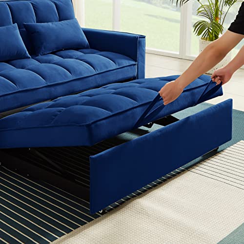 HABITRIO Loveseat with Pull-Out Sleeper Bed, Solid Wood Frame Blue Velvet Upholstered 55" 2-Seater Sofa Couch w/3-Position Reclining Backrest, 2 Side Pockets, 2 Pillows, Furniture for Living Room