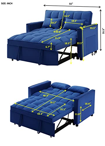 HABITRIO Loveseat with Pull-Out Sleeper Bed, Solid Wood Frame Blue Velvet Upholstered 55" 2-Seater Sofa Couch w/3-Position Reclining Backrest, 2 Side Pockets, 2 Pillows, Furniture for Living Room