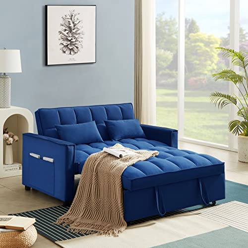 HABITRIO Loveseat with Pull-Out Sleeper Bed, Solid Wood Frame Blue Velvet Upholstered 55" 2-Seater Sofa Couch w/3-Position Reclining Backrest, 2 Side Pockets, 2 Pillows, Furniture for Living Room