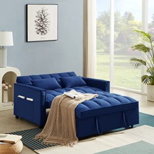 HABITRIO Loveseat with Pull-Out Sleeper Bed, Solid Wood Frame Blue Velvet Upholstered 55" 2-Seater Sofa Couch w/3-Position Reclining Backrest, 2 Side Pockets, 2 Pillows, Furniture for Living Room