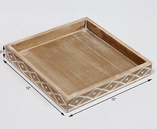 Dugunusu Farmhouse Wood Decorative Tray 12''X12'', Rustic Serving Tray, Tray for Ottoman, Coffee Table, Kitchen Counter, Crafts, Display (Square Brown)