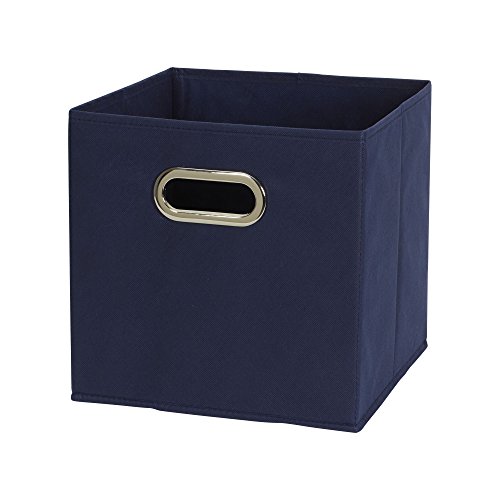 Household Essentials Vintage Wood Storage Trunk, Large, Blue Body/Brown Lid/Floral Design & 81-1 Foldable Fabric Storage Bins | Set of 6 Cubby Cubes with Handles | Navy Blue, 6 lbs