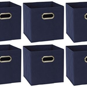 Household Essentials Vintage Wood Storage Trunk, Large, Blue Body/Brown Lid/Floral Design & 81-1 Foldable Fabric Storage Bins | Set of 6 Cubby Cubes with Handles | Navy Blue, 6 lbs